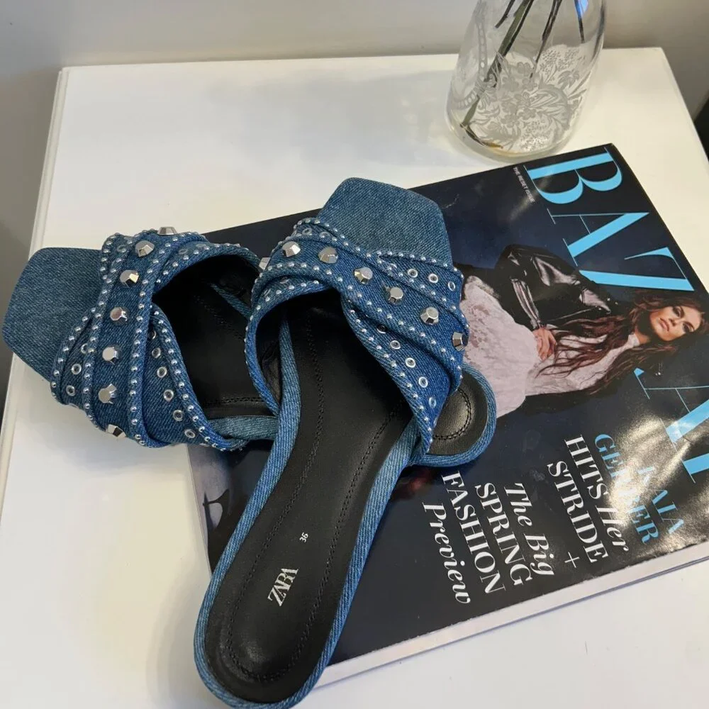 Zara Denim Studded Slides - Picture 2 of 3